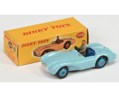 Dinky Toys 104 Aston Martin DB3S - Light blue body, dark blue interior with figure, silver trim and mid-blue rigid hubs - Goo