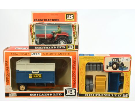 Britains A Group Of 3 - (1) 9520 Massey 135 Tractor - Red, grey, white with figure driver, (2) 9566 High Sided Tipper Trailer