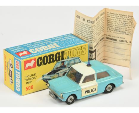 Corgi Toys 506 Sunbeam Imp "Police" Car - Light blue with white ban, tan interior with figure, silver trim and cast hubs - Go