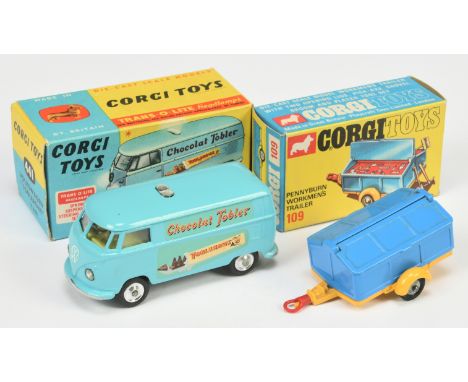 Corgi Toys A Pair - (1) 109 Pennyburn workman's Trailer - Blue and yellow, red plastic towing eye, with brush, shovel and Axe
