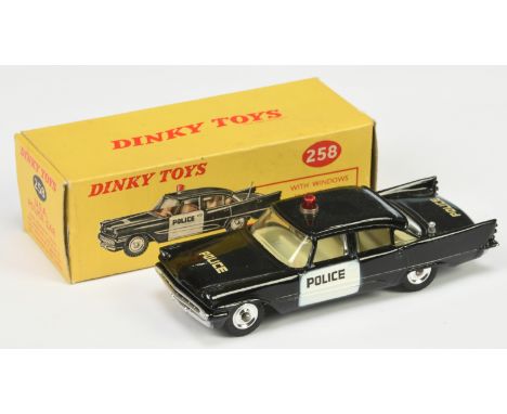 Dinky Toys 258 De Soto Fireflite "Police" Car - Black body, white door panels, red roof light, silver trim, chrome spun hubs 