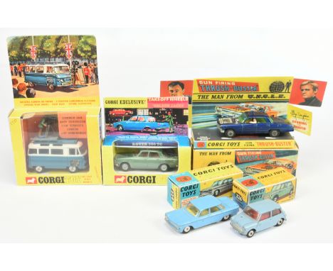 Corgi Toys Group To Include - 226 Morris Mini - Light Blue, 229 Chevrolet Corvair - Light blue, 275 Rover 2000 TC - Green, 47