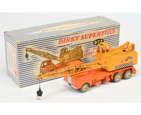 Dinky 972 Coles 20-Ton Lorry Mounted Crane Truck - Orange body, Deep Yellow Ballast and Jib with light blue figure driver to 