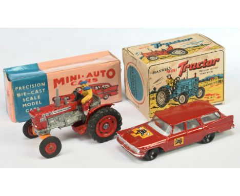 Milton (India) Plymouth Estate Car "Fire" - Red body, grey interior and Maxwell Toys (India) Ford Super Major 5000 Tractor - 