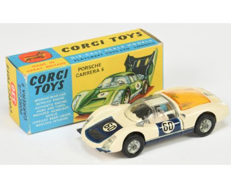 Corgi Toys 330 Porsche Carrera 6 Racing Car - Export issue - Off white body, blue doors and bonnet, yellow engine cover, blac