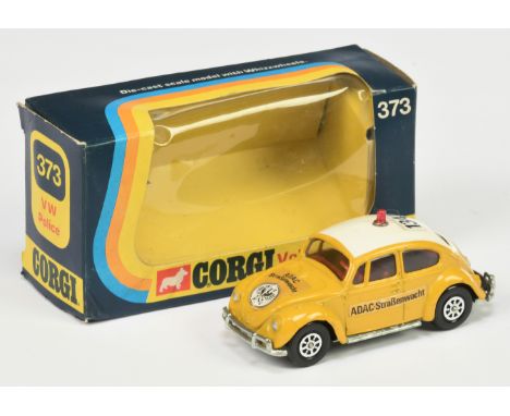 Corgi Toys 373 Volkswagen Saloon (Beetle) "ADAC" - Deep yellow body with white roof and red interior, roof light - Good Plus 