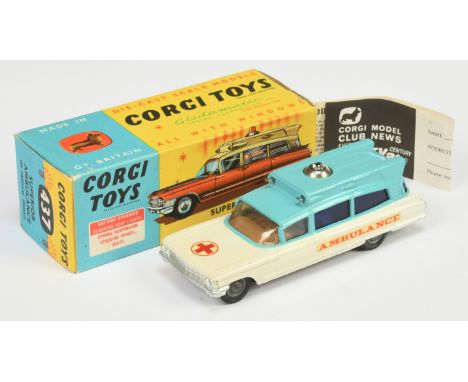 Corgi Toys 437 Superior "Ambulance" - Two-Tone blue and white, brown interior, silver trim, cast hubs clear battery operated 