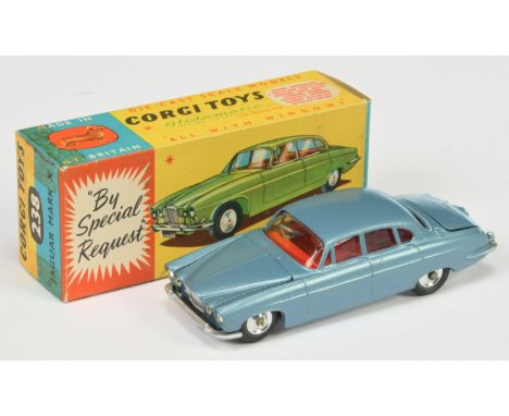Corgi Toys 238 Jaguar Mark X - Steel blue body, red interior, silver trim, spun hubs and with 2 x luggage cases - Excellent p