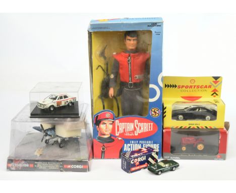 A Boxed group To Include Corgi WW2 Legends - Spitfire, Universal Hobbies - Massey Ferguson Tractor, Vivid "Captain Scarlet" F