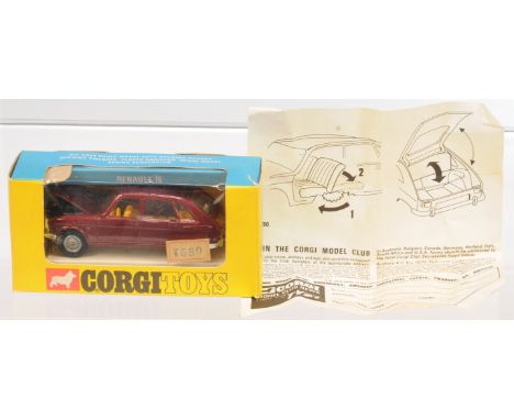 Corgi Toys 280 Renault R16 - Maroon body, deep yellow interior, chrome trim, cast hubs, grey plastic tow hook - Excellent Plu