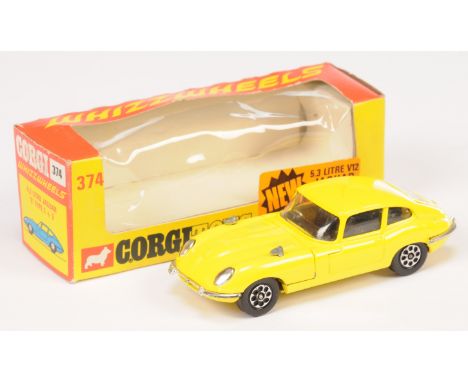 Corgi Toys 374 Jaguar Type E - Yellow body, black interior, chrome trim, Whizzwheels - Excellent in a Good&nbsp; orange and y