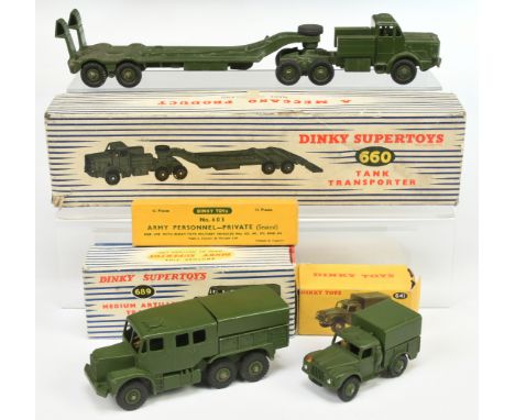 Dinky Toys Military Group Of 4 - (1) 603 (seated) Privates - Containing 10 Pieces, (2) 641 Cargo Truck, (3) 660 Mighty Antar 