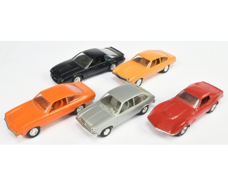A mixed group of plastic Dealership Models 1982 Camaro - dark blue; Corvette Stingray - red, plus others - Fair to Excellent 