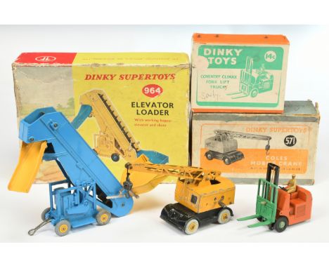 Dinky Toys Group Of 3 - (1) 14C Coventry Fork Lift Truck - Burnt orange, black mast, green forks and hubs, (2) 571 Coles Cran