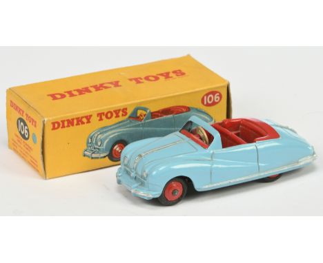 Dinky Toys 106 Austin Atlantic Convertible - Light blue, red interior, tonneau and rigid hubs, silver trim - Good Plus lovely