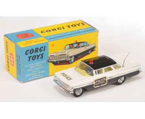 Corgi Toys 481 Chevrolet Impala "Police Patrol" Car - Two-Tone White and black, lemon interior with figures, chrome trim and 