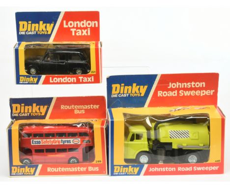 Dinky Toys Group Of 3 - (1) 284 London "Taxi" - Black, (2) 289 London Bus "Esso" - Red and (3) 449 Johnston Road Sweeper - Li