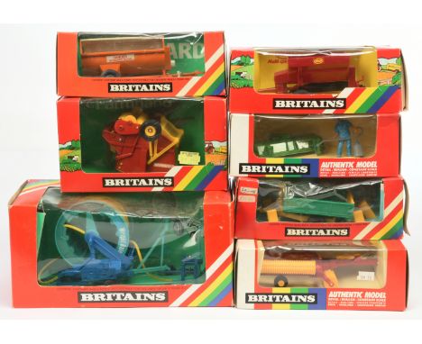 Britains A Group Of 7 Farm Implements To Include 9545 Roller, 9559 Yard Brush, 9547 Hose Drum Plus others - conditions are Ex