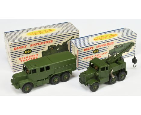Dinky Toys Military Pair - (1) 661 Scammell Recovery Tractor - Green including Supertoy hubs and with figure and (2) 689 Medi
