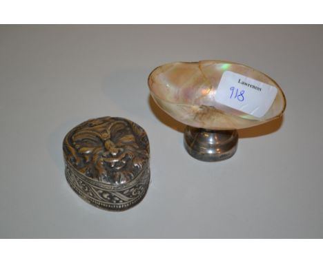 Continental silver trinket box with mask head lid together with a mother of pearl trinket dish on white metal base (a/f) and 