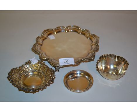 Silver embossed and pierced trinket dish, another Birmingham silver dish, small stand and a plated card salver