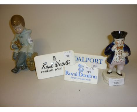 Staffordshire figure of a man smoking a pipe, Nao figure of a seated boy holding a rabbit and three various porcelain plaques