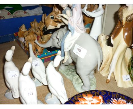 Seven various figures to include: Lladro 5352 Hindu children, four Lladro ducks, Royal Doulton figure and Royal Worcester ' F