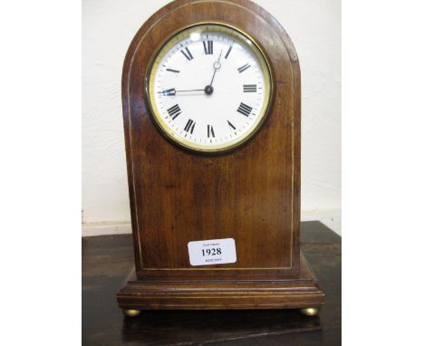 Edwardian mahogany line inlaid dome shaped mantel clock with circular ceramic dial having Arabic numerals and eight day movem