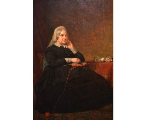 Sir George Reid, large 19th Century oil on canvas, portrait of Matilda Field Aetatis, a lady seated at a table with knitting,