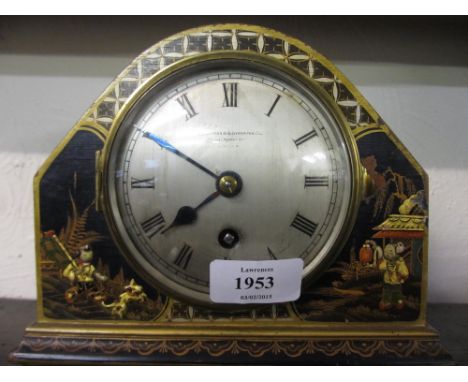 Small 20th Century blue chinoiserie cased mantel clock having circular silvered dial with Roman numerals inscribed Goldsmiths