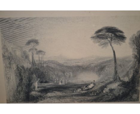 Folio containing a quantity of various engravings, prints etc and a rolled unframed lithographic print of a lake scene