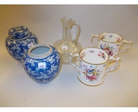 Pair of Hammersley floral decorated two handled loving cups, a pair of blue and white ginger jars and a Mary Gregory glass ju