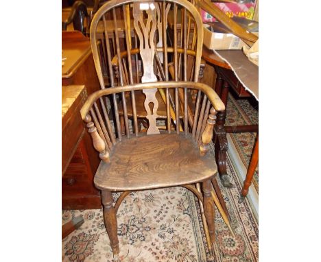 Late 18th or early 19th Century ash and elm hoop and stick back Windsor chair with pierced centre splat on turned supports wi