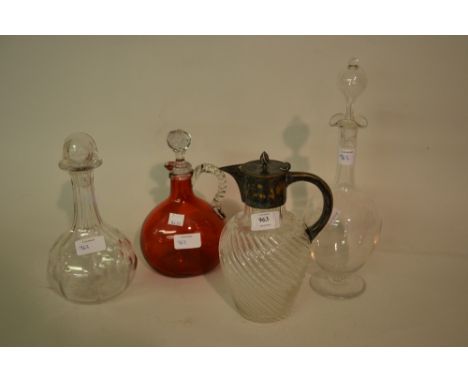 Early 20th Century silver plate mounted and wrythen cut glass claret jug by James Dixon and Sons, a cranberry glass decanter 