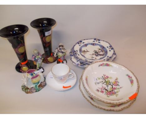 Pair of Royal Stanley ware ' Jacobean ' Art Deco pottery vases, Copeland and Garrett four piece part dessert set, pair of sma