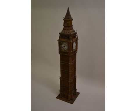 Large scratch built model of Big Ben with electric movement and lighting with a pine travel case (a/f), approximately 164ins 