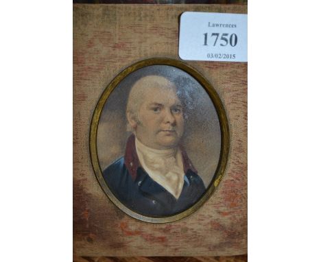 Late 18th / early 19th Century watercolour portrait miniature of a gentleman wearing a blue coat with red collar and white st