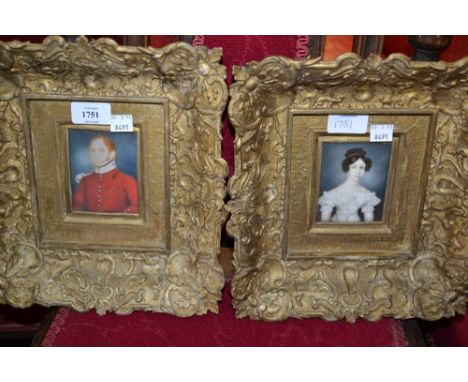 Pair of 19th Century watercolour portrait miniatures of a man wearing a red Army tunic and his wife wearing a lace dress and 