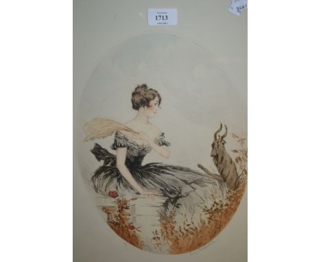 Eugene Delecluse, pair of Art Deco artist signed coloured oval engravings, portraits of ladies