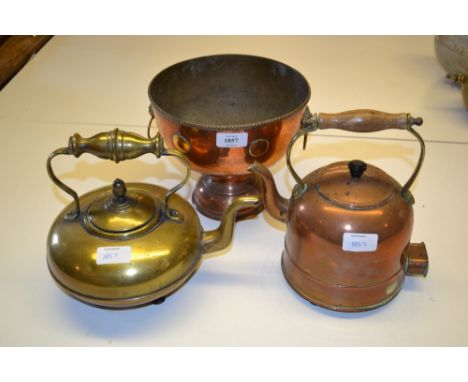 19th Century brass circular kettle, a copper kettle and a circular copper punch bowl with lion mask and ring handles