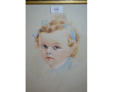 Early 20th Century watercolour portrait of a young child wearing a blue ribbon, signed indistinctly, 14ins x 12ins, framed