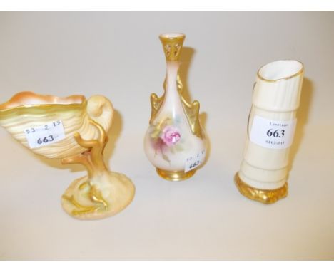 Small Royal Worcester baluster form two handled vase painted with roses (rim chip) together with a small vase in the form of 