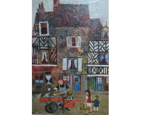 Brenda King, oil on board, ' Buying Fish at Honfleur ', signed also with Heals Art Gallery label verso, 7.25ins x 5.25ins, gi