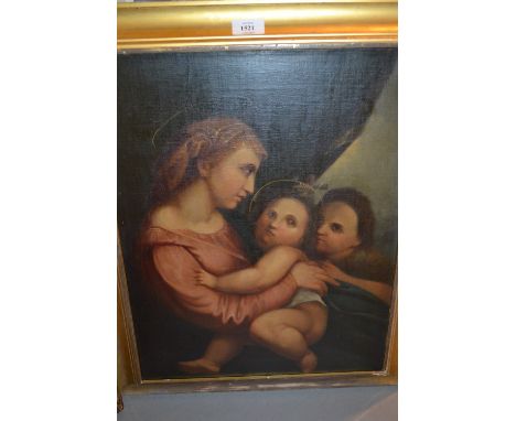 19th Century oil on canvas, portrait of the Madonna and child with the infant John the Baptist, 20ins x 15ins