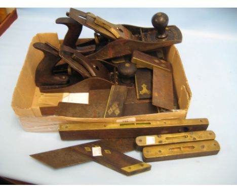 Two woodworking planes and miscellaneous other woodworking tools, mainly set squares, levels etc