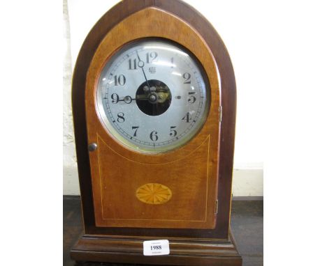 Edwardian mahogany and inlaid lancet shaped mantel clock with silvered dial, Arabic numerals and Bulle electric movement