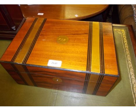 Victorian walnut rectangular brass bound fold-over writing box together with an ebonised decanter box with fitted interior (a