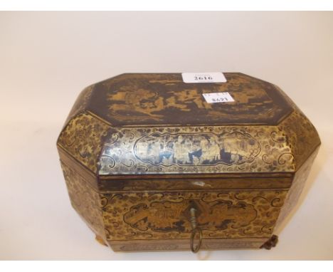 19th Century Chinese export lacquer and gilt decorated tea caddy, the hinged cover enclosing original metal liners (the gildi