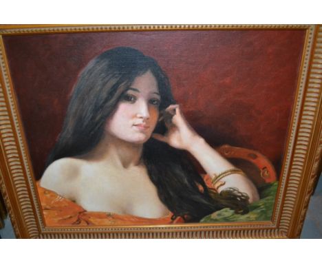 20th Century oil on canvas, head and shoulder portrait of a girl, 19ins x 23ins, gilt framed
