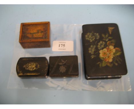 Three various 19th Century papier mache snuff boxes with gilt, floral and inlaid decoration and a 19th Century box painted wi